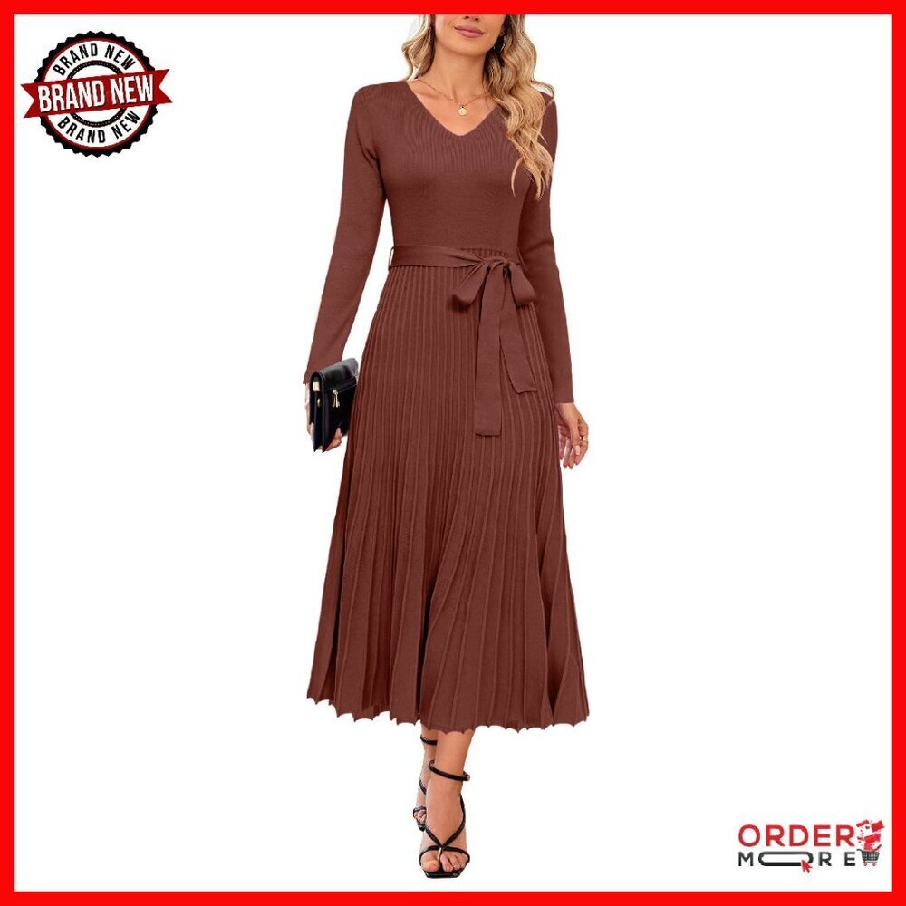 Wool Blend Tie Waist Pleated Sweater Dress Long Sleeve V Neck